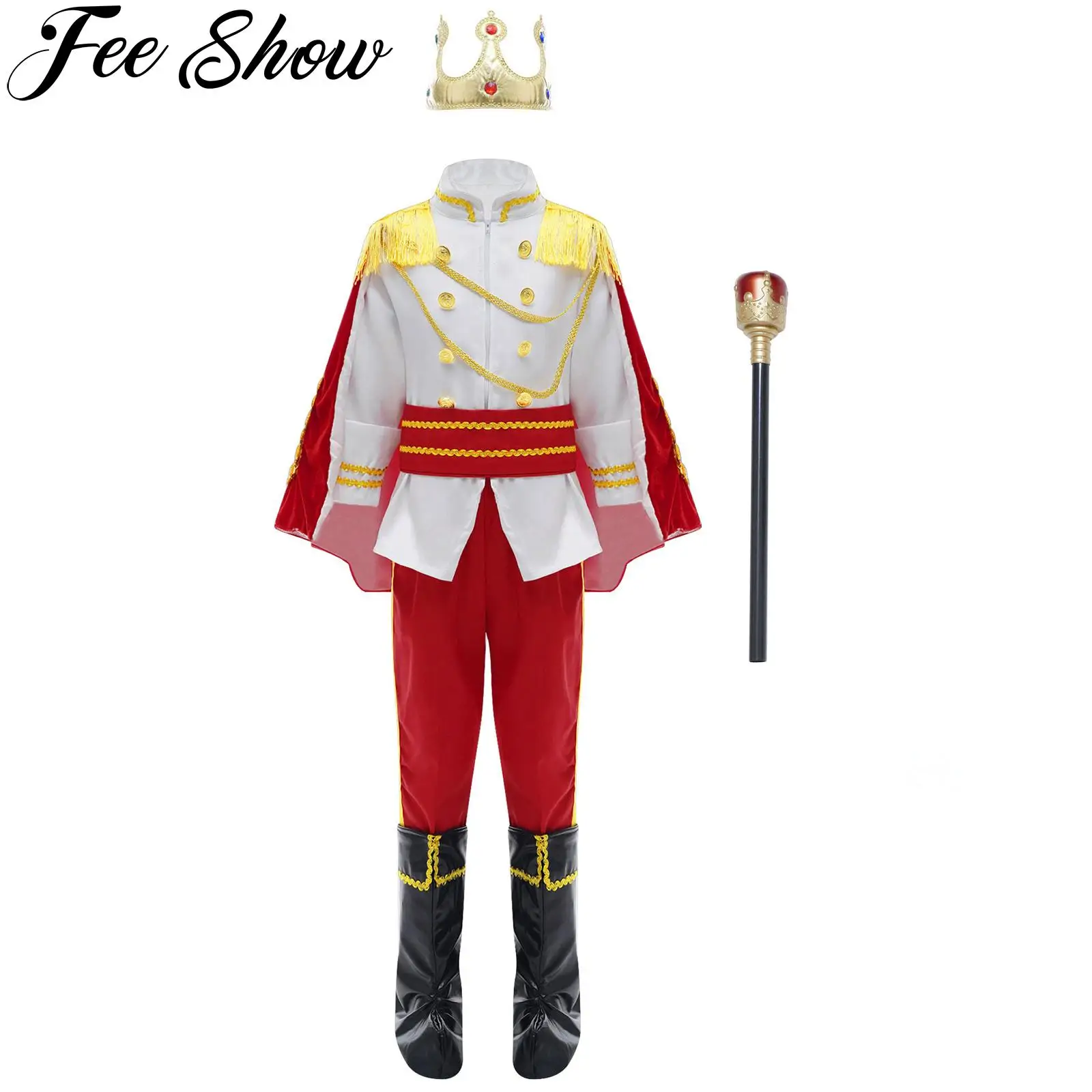 Çocuk Boys Cadılar Bayramı Prens Kral Cosplay Kostüm Karnaval Giyinmek Roleplay Kıyafet Taç Asa Ceket Kuşak Pantolon Pelerin Takım Elbise Görüntü 0