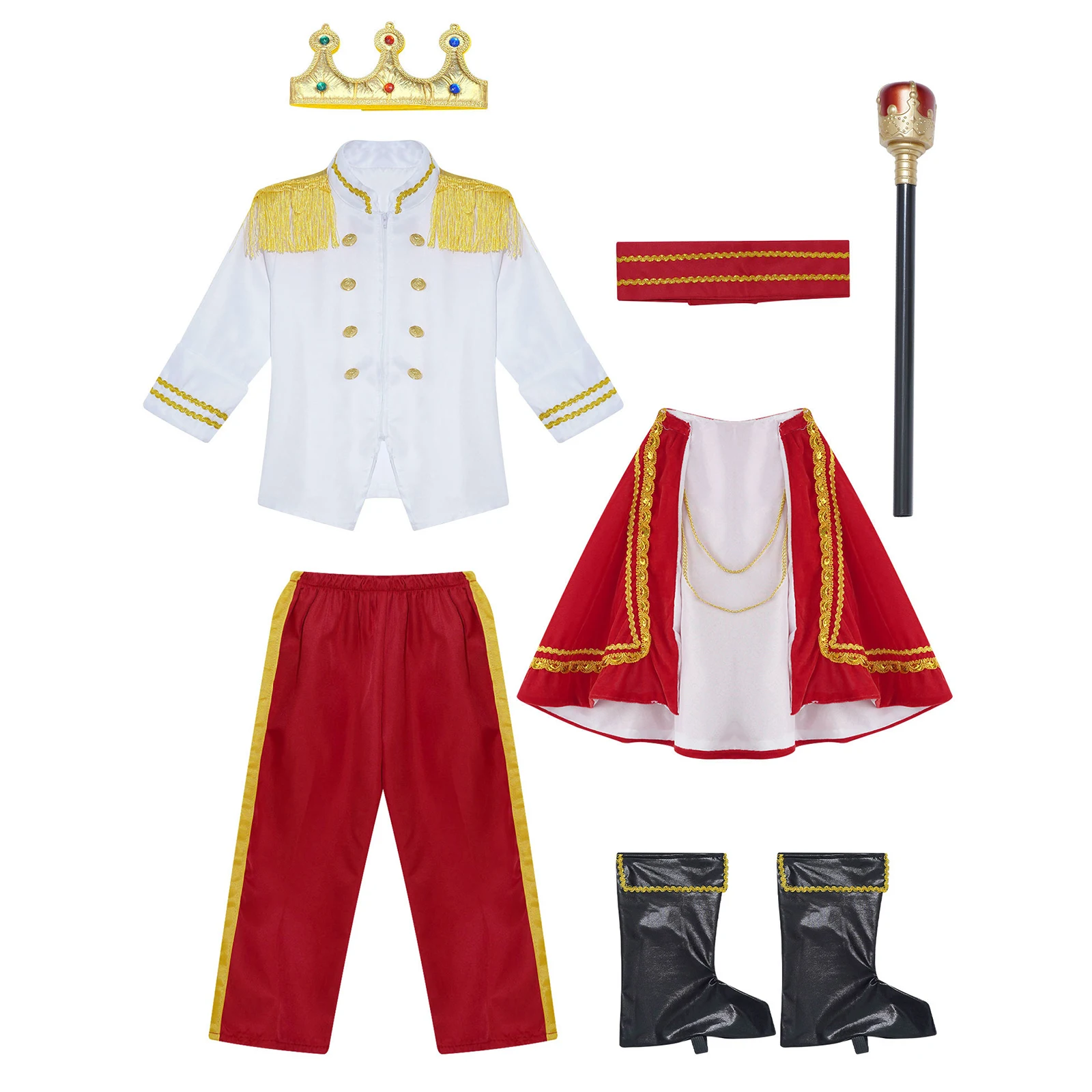 Çocuk Boys Cadılar Bayramı Prens Kral Cosplay Kostüm Karnaval Giyinmek Roleplay Kıyafet Taç Asa Ceket Kuşak Pantolon Pelerin Takım Elbise Görüntü 4