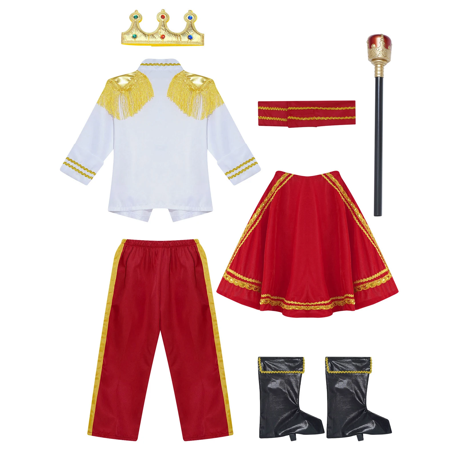 Çocuk Boys Cadılar Bayramı Prens Kral Cosplay Kostüm Karnaval Giyinmek Roleplay Kıyafet Taç Asa Ceket Kuşak Pantolon Pelerin Takım Elbise Görüntü 5