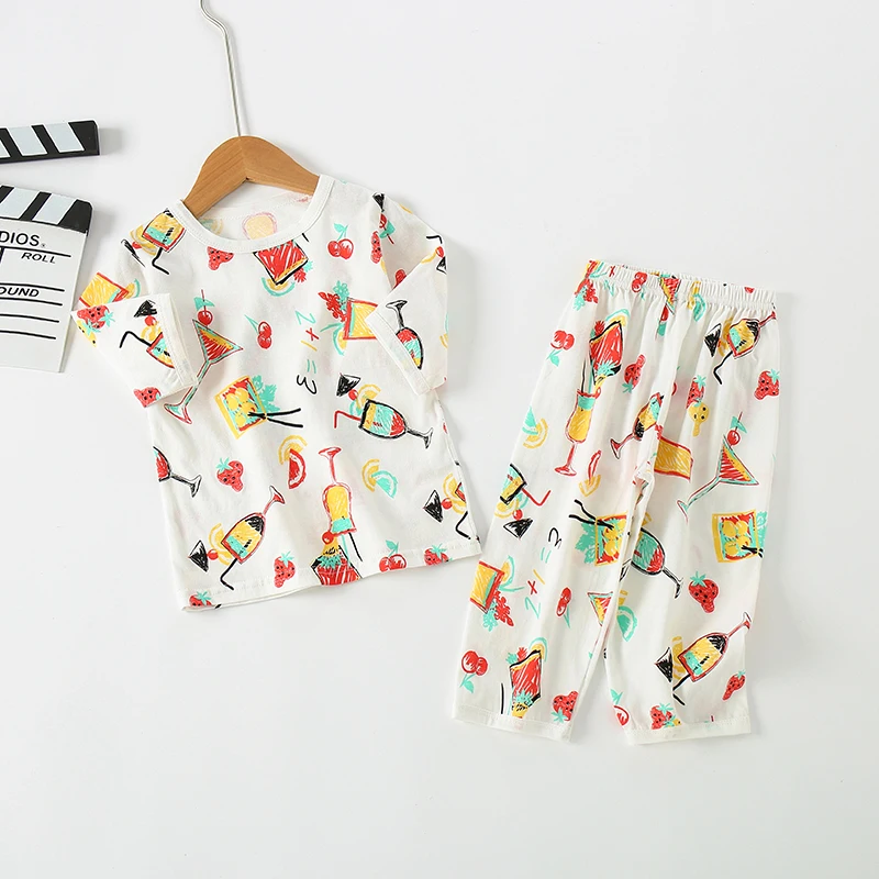 Kız Elbise Yaz İnce Nefes giyim Seti Erkek çocuklar için Pijama Takım Elbise Yürümeye Başlayan çocuk Pijama Saf Pamuk Lounguwear Görüntü 0