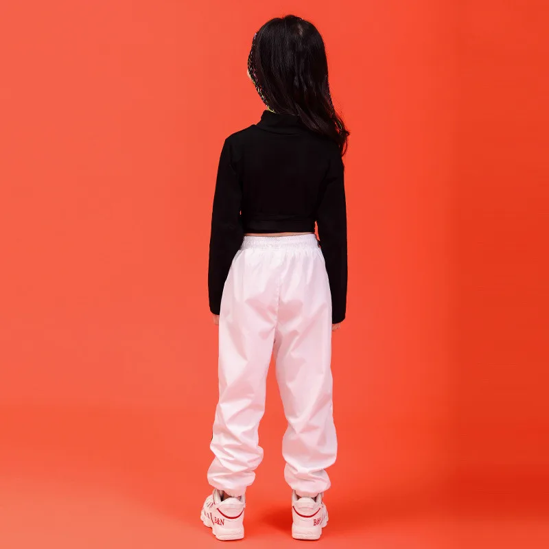 Kız Giysileri Yaz Çocuk Hip Hop Giyim Pamuk Siyah Uzun Kollu Mahsul Tshirt Beyaz Polyester Pantolon 2 Adet Streetwear Takım Elbise Görüntü 3