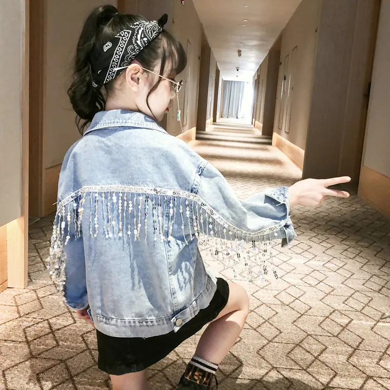 Genç Kızlar Püskül Pullu Denim Ceket Ceket Yeni Moda Bahar Sonbahar Giysileri Çocuk Rahat Kot Ceketler Mont Giyim Görüntü 0