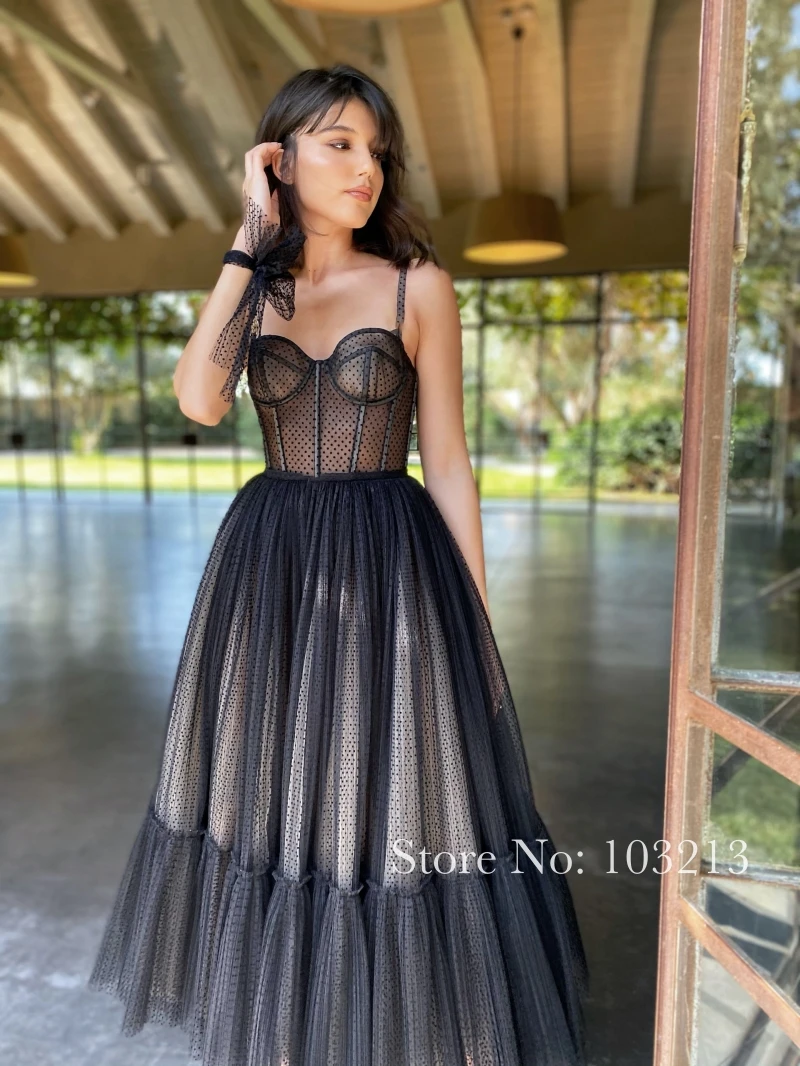 Güzel Siyah Polka Dot Balo Elbise Spagetti Askı Sevgiliye A Hattı Korse Üst Ayak Bileği Uzunluk Parti Kıyafeti Vestido De Festa Görüntü 1
