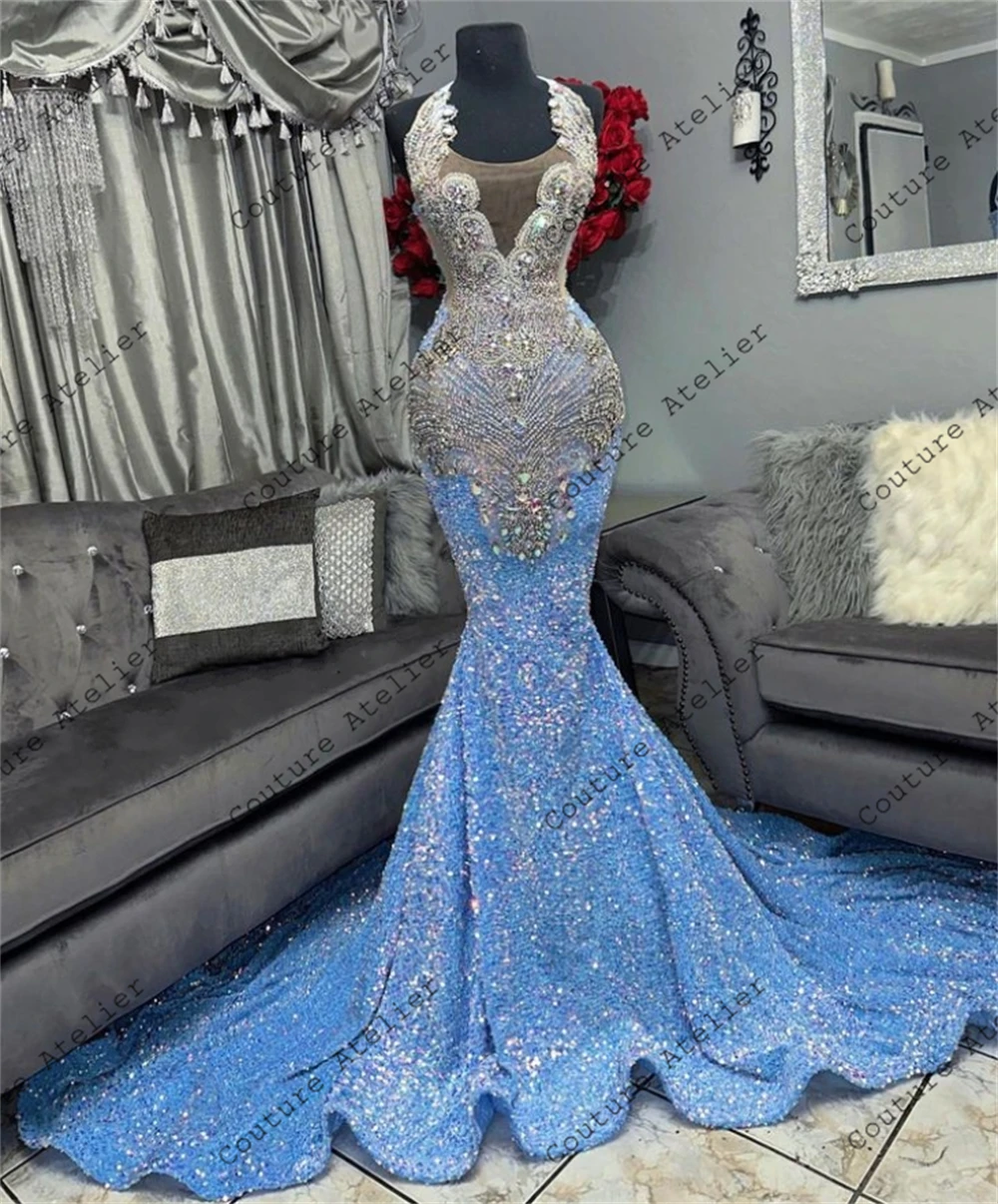 Lüks Mavi Pullu Gümüş Kristal Boncuk balo kıyafetleri 2023 Lüks Abiye Mermaid Elbise İçin Parti Düğün Akşam O Boyun Resmi Görüntü 1