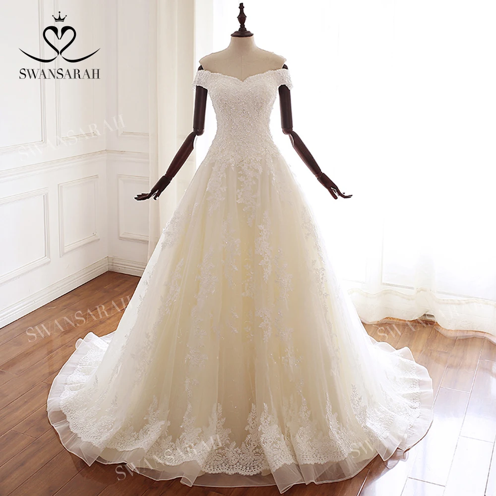 Dantel Kolsuz düğün elbisesi 2023 Sevgiliye Aplikler A-Line Mahkemesi Tren Prenses Vestido De Novia SwanSarah A323 Gelin Kıyafeti Görüntü 0