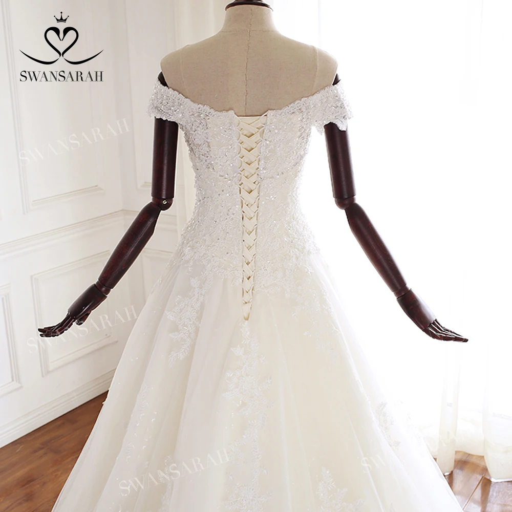 Dantel Kolsuz düğün elbisesi 2023 Sevgiliye Aplikler A-Line Mahkemesi Tren Prenses Vestido De Novia SwanSarah A323 Gelin Kıyafeti Görüntü 3