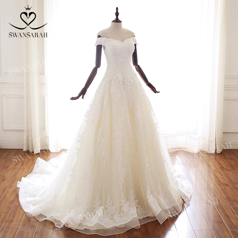 Dantel Kolsuz düğün elbisesi 2023 Sevgiliye Aplikler A-Line Mahkemesi Tren Prenses Vestido De Novia SwanSarah A323 Gelin Kıyafeti Görüntü 5