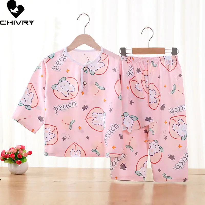 Yeni 2023 Çocuk Erkek Kız Yaz Pijama Karikatür Üç çeyrek Kollu Sevimli T-Shirt Pantolon ile Bebek Uyku Giysileri Setleri Görüntü 4