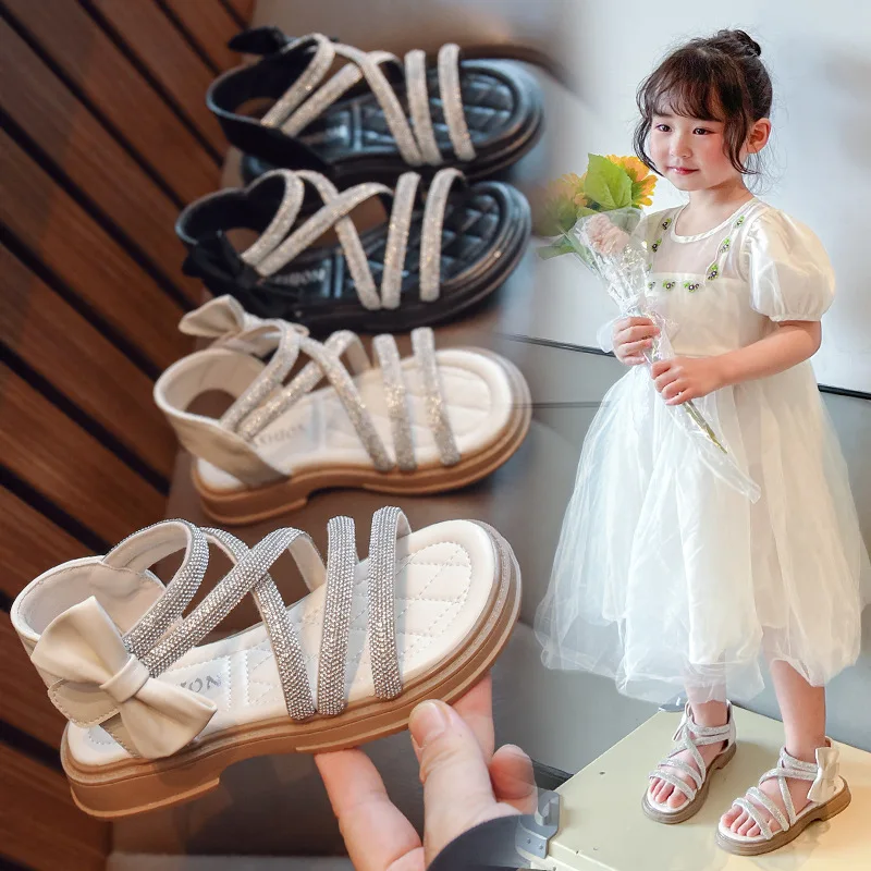 Kızlar Sandalet çocuk Burnu açık Roma Ayakkabı 2023 Yaz Rhinestones İlmek Fermuar Prenses Yumuşak Tabanlı Çocuklar düz ayakkabı Görüntü 1