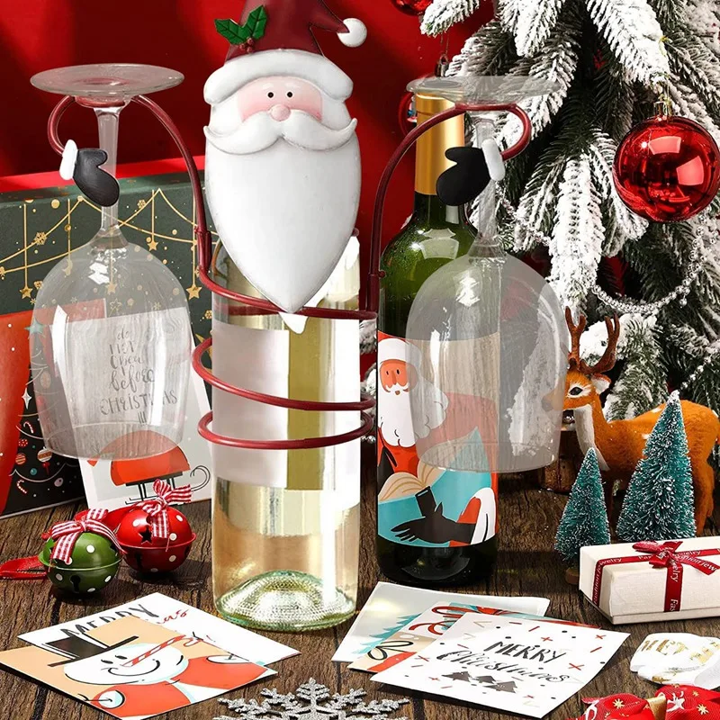 Noel Şarap Şişesi Cam Tutucular tezgah Masaüstü Ev Dekorasyonu İçin 1 Şarap Şişesi Ve 2 Bardak Tutun Görüntü 2