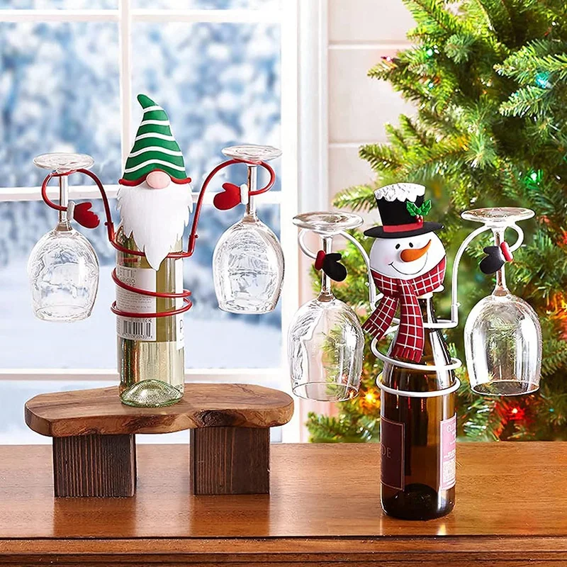 Noel Şarap Şişesi Cam Tutucular tezgah Masaüstü Ev Dekorasyonu İçin 1 Şarap Şişesi Ve 2 Bardak Tutun Görüntü 4