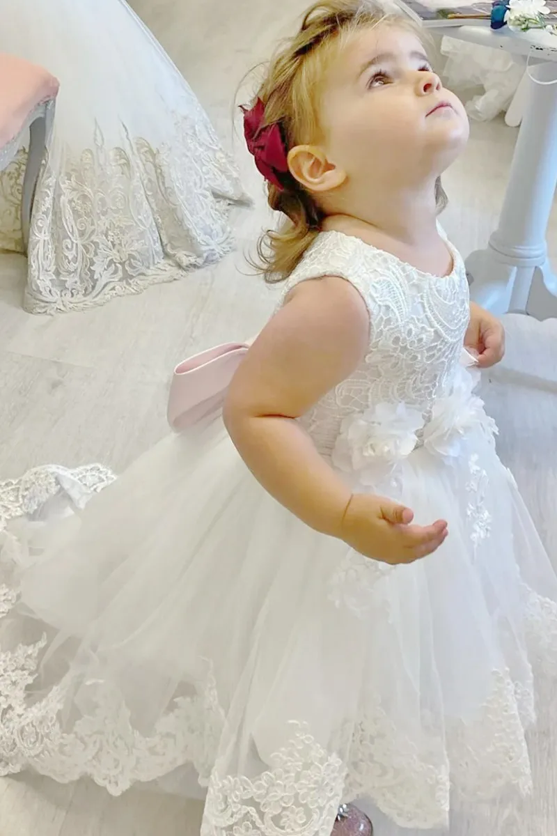 Beyaz Çiçek Kız Elbise Güzel Tül Dantel Etek İle 3D Çiçekler Ve Pembe İlmek Fit Düğün Parti Doğum Günü İlk Communion abiye Görüntü 0