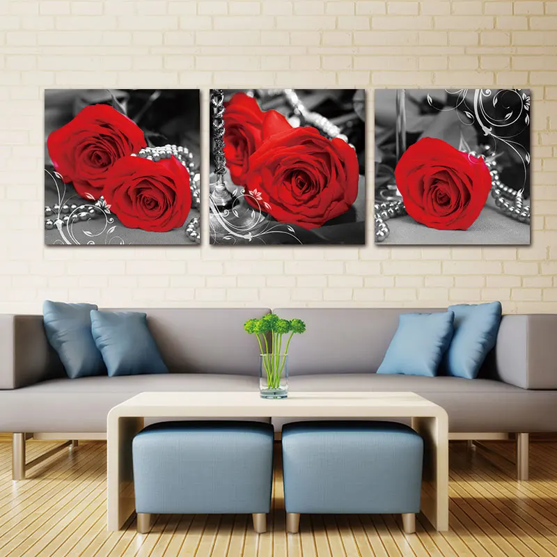 3 Adet Romantik Kırmızı Güller Posterler duvar sanatı Tuval Baskılar Resimleri Ev Dekor Resimleri Aksesuarları Oturma Odası Süslemeleri için Görüntü 1