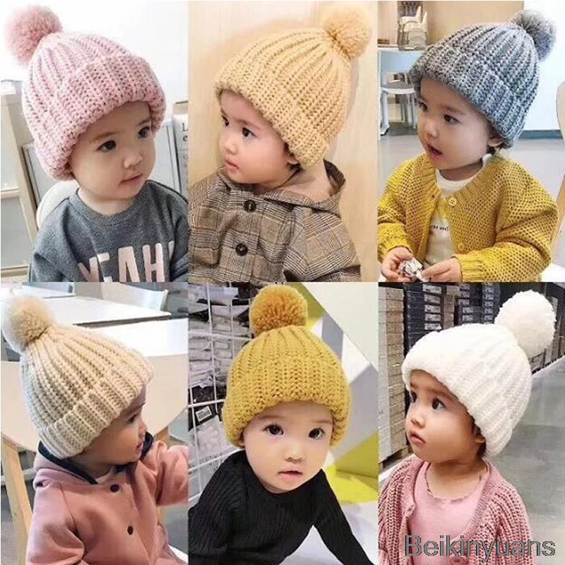 Saç topu örgü bebek şapka erkek ve kız toddler tığ bezelye saç topu kulaklar bebek şapka sevimli çocuk şapka kış şapka çocuk Görüntü 1